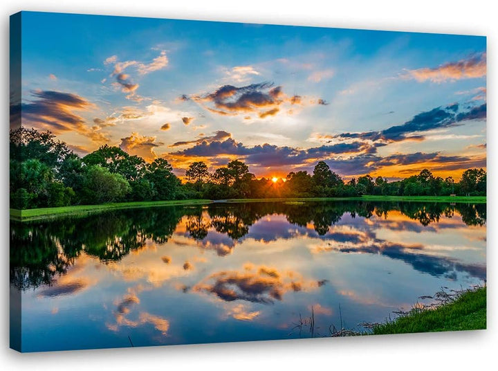 Feeby Leinwandbild Sonnenuntergang Bild Kunstdruck Natur Blau 70x50 cm