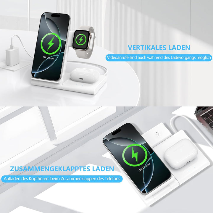 3 in 1 Induktions Ladestation für iPhone 17/16/15/14/13/12, Schnellladegerät 15W für Apple Watch Ult