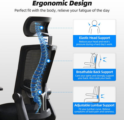 Daccormax Bürostuhl Ergonomisch, Schreibtischstuhl mit Verstellbarer Kopfstütze, Armlehnen, Lendenwi