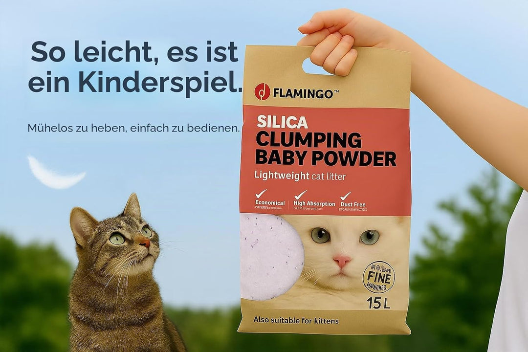 Flamingo Katzenstreu – Talkumduft für Babys – 15L für 18 Wochen – neutralisiert unangenehme Gerüche