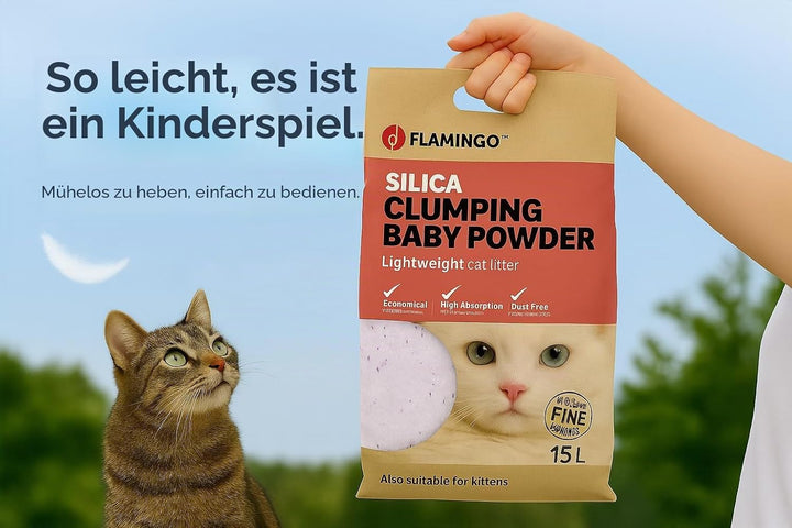 Flamingo Katzenstreu – Talkumduft für Babys – 15L für 18 Wochen – neutralisiert unangenehme Gerüche