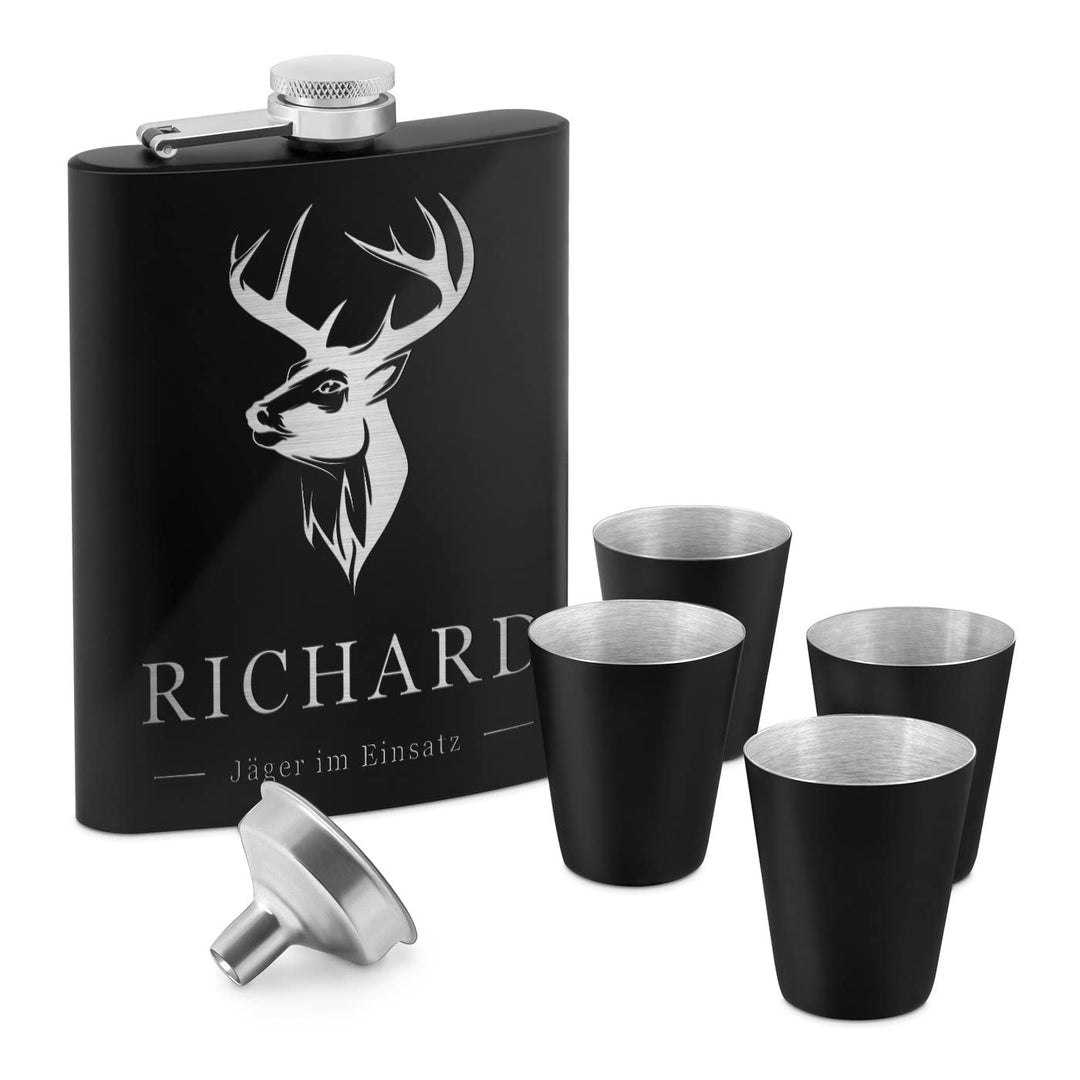 Maverton Flachmann Set 200 ml mit Gravur - Taschenflasche + 4 Schnapsgläsern 20 ml mit Trichter - Br
