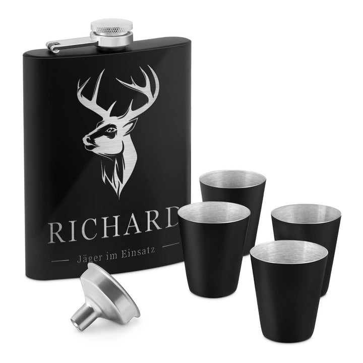 Maverton Flachmann Set 200 ml mit Gravur - Taschenflasche + 4 Schnapsgläsern 20 ml mit Trichter - Br