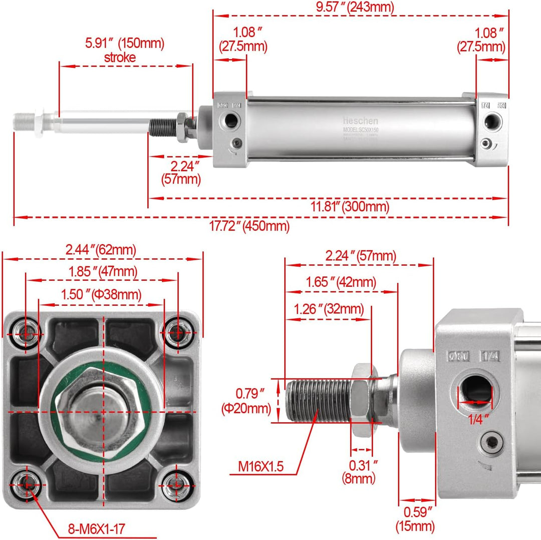 Heschen Pneumatischer Standard-Luftdruckzylinder, SC 50-150, PT1/4 Anschluss, 50mm Bohrung, 150mm Hu