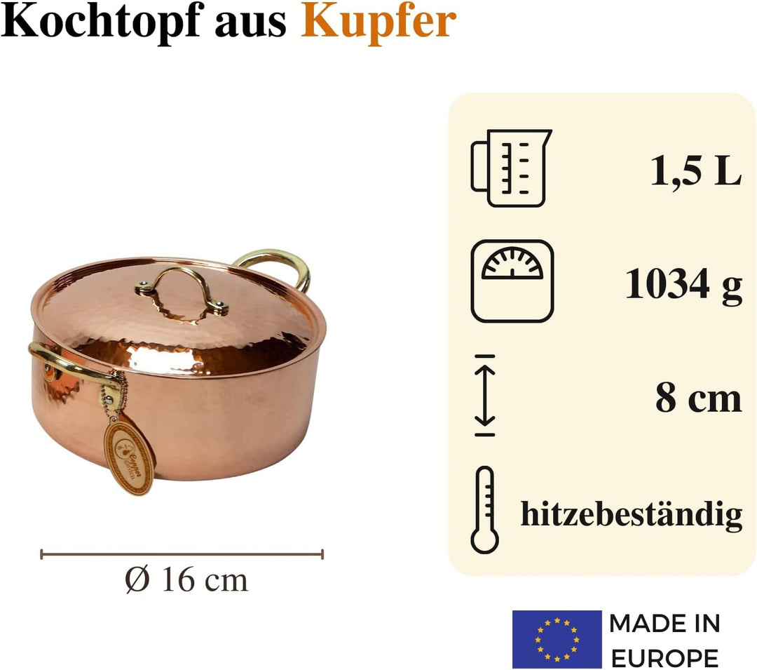 CopperGarden Kupfertopf mit Deckel + Griffen aus Messing I Gehämmerter Kupferkochtopf aus verzinntem