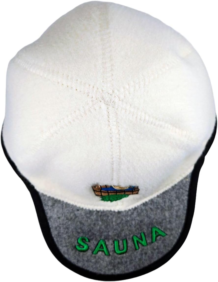 SAUNA Saunahut, Baseballkappen-Form, 100% Schafwolle, Weiss-Grau, mit Saunatub-Stickerei