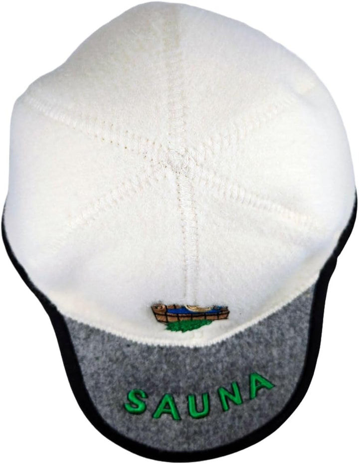 SAUNA Saunahut, Baseballkappen-Form, 100% Schafwolle, Weiss-Grau, mit Saunatub-Stickerei