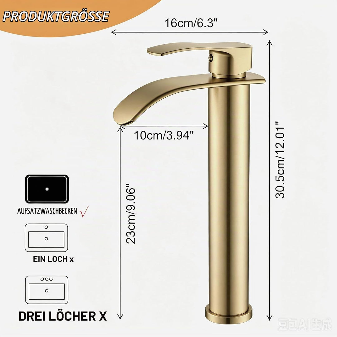 Moderne Wasserfall Küchenarmatur, Hoch Auslauf in gebürstetem Gold, Messing-Körper mit 3/8" Anschlüs