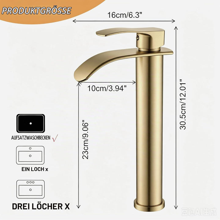 Moderne Wasserfall Küchenarmatur, Hoch Auslauf in gebürstetem Gold, Messing-Körper mit 3/8" Anschlüs
