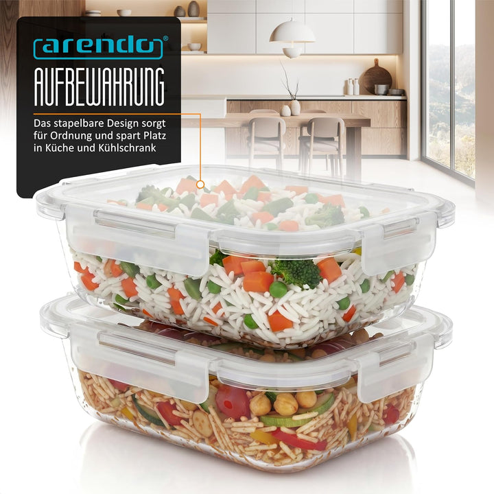 Arendo - Lunchboxen Glas - Frischhaltedosen für Lebensmittel mit Deckel luftdicht - 2er Set - 1520 m