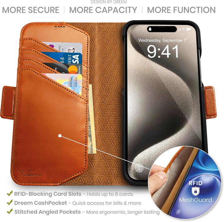 Dreem Fibonacci kompatibel mit iPhone 15 Pro Max Brieftaschen-Etui / 2-in-1 stossfestes Etui und abn