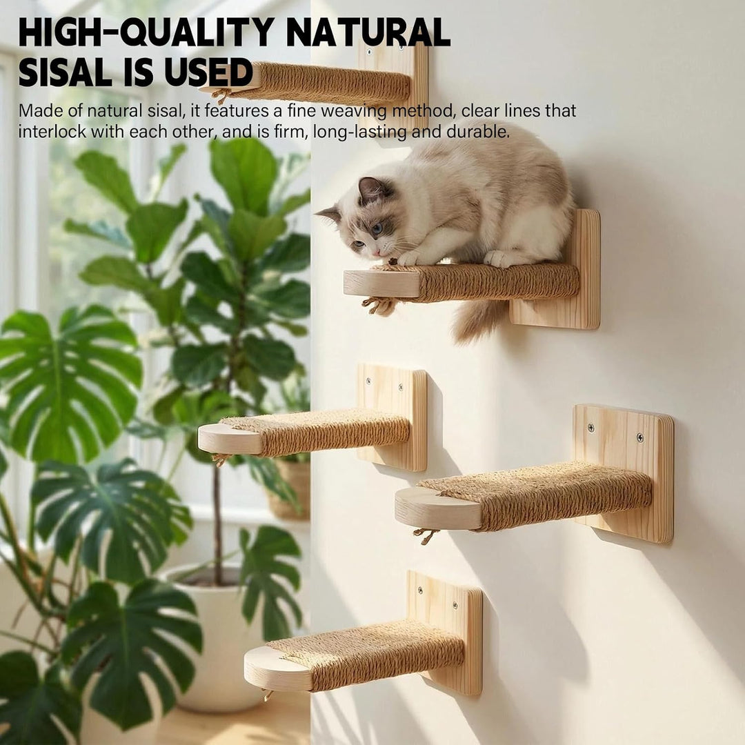 4 Stück Katzentreppe Wand: Holz Katzen Kletterwand aus Massives Gummiholz, Katzenleiter Set, Katzenw