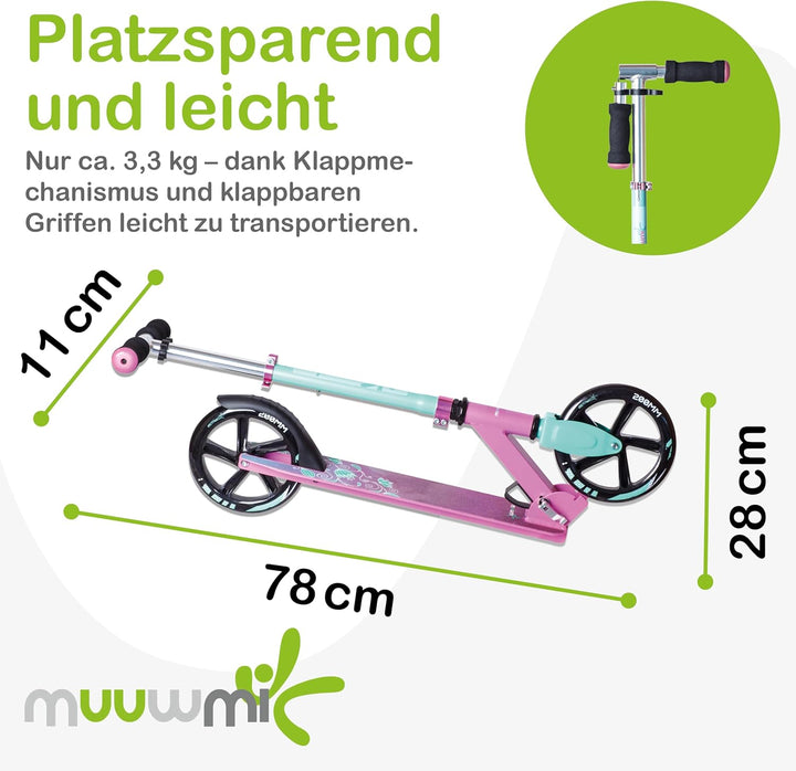 muuwmi Aluminium Scooter – Tretroller, 200 mm, ABEC 5, GS-geprüft, höhenverstellbar, XL-Deck, pink-t