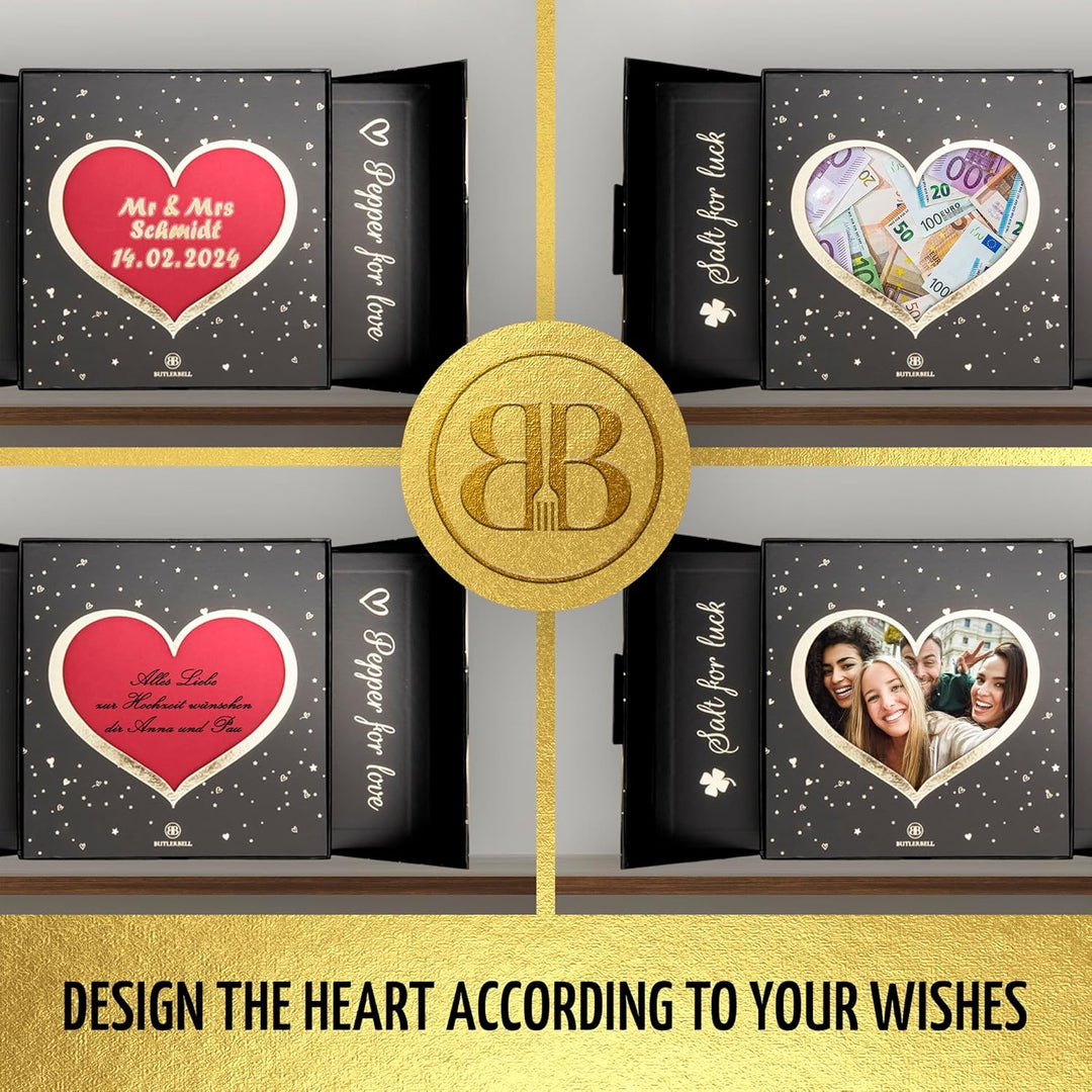 BUTLERBELL® Englisch | Salz und Pfeffermühle Holz in Luxus Geschenkbox mit Herz ideal als Hochzeitsg