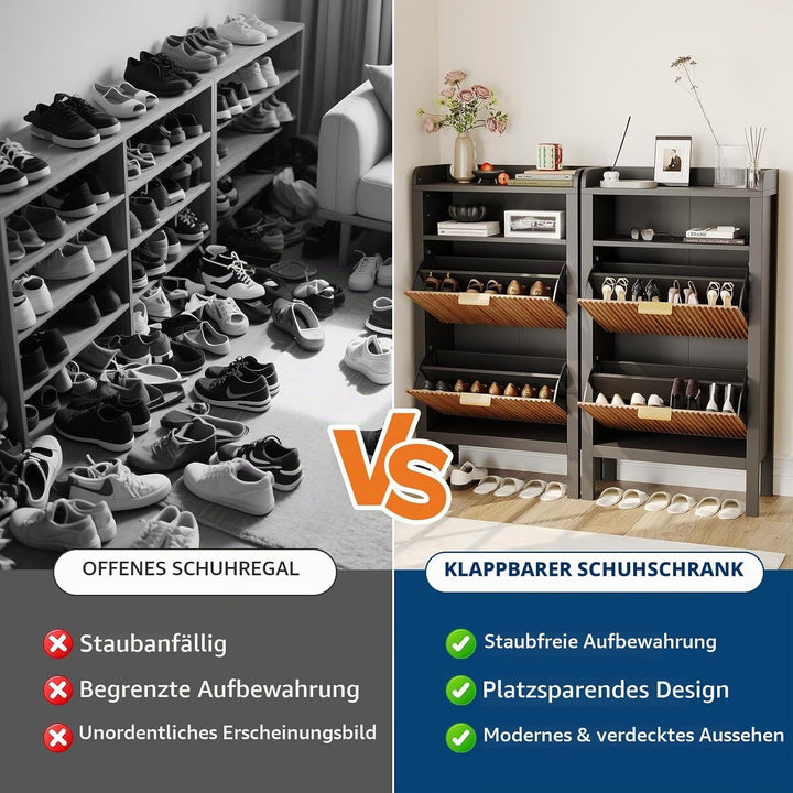 Garvee Schuhschrank mit 2 Klappschubladen, Schmaler, Geriffelter Schuhschrank mit Füssen, Freistehen