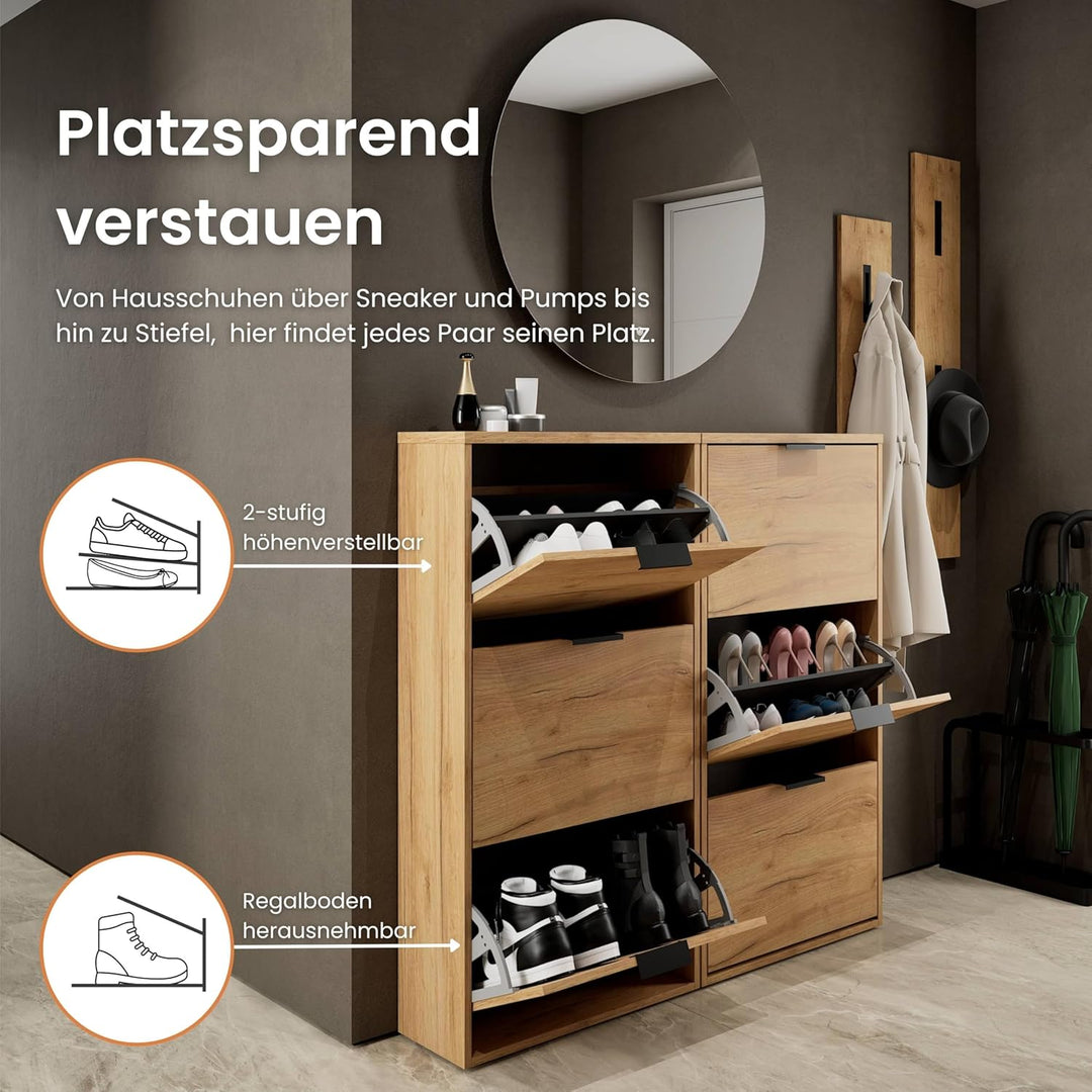 Planetmöbel 2 x Schuhschrank schmal mit 3 Klappen platzsparender Schuhregal mit 6 Ablagen, Schuhkomm