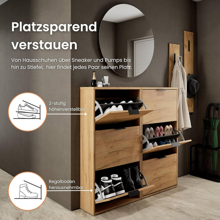 Planetmöbel 2 x Schuhschrank schmal mit 3 Klappen platzsparender Schuhregal mit 6 Ablagen, Schuhkomm