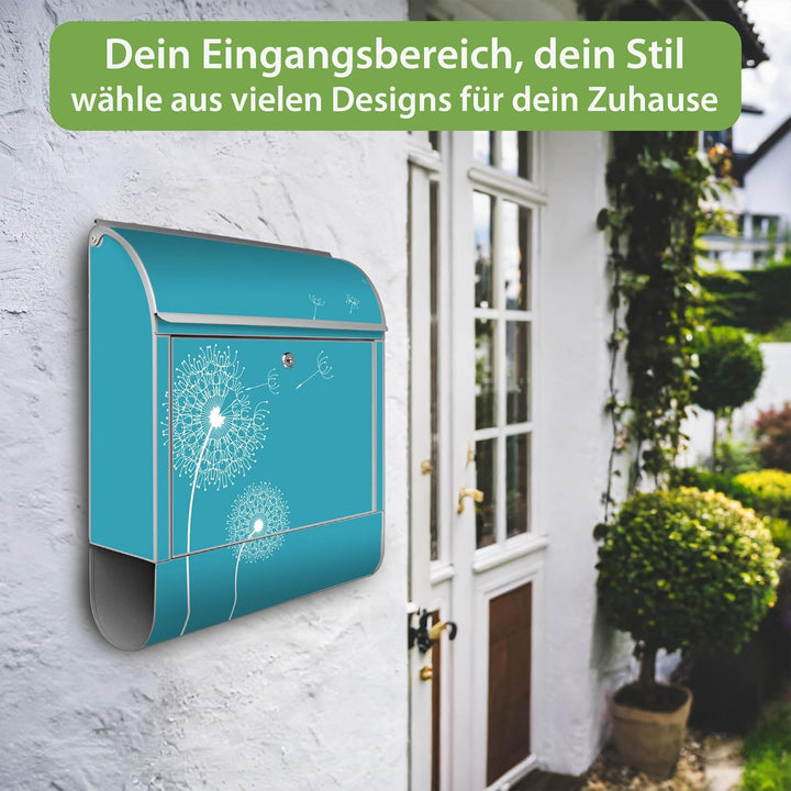 banjado® Design Briefkasten mit Motiv Pusteblume 4 39x47x14cm &amp; 2 Schlüssel - Briefkasten Stahl Silb