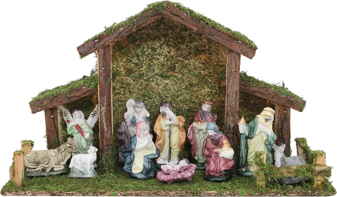 Toyland® Weihnachtskrippe Traditionell Krippenstall mit 11 Krippenfiguren Weihnachtsdeko Weihnachtsd