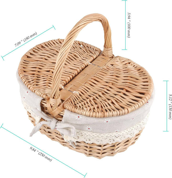 Picknickkorb mit Deckel, Kleiner Weidenkorb mit henkel und Liner | 25 x 18 x 13 cm, Einkaufskorb Gef