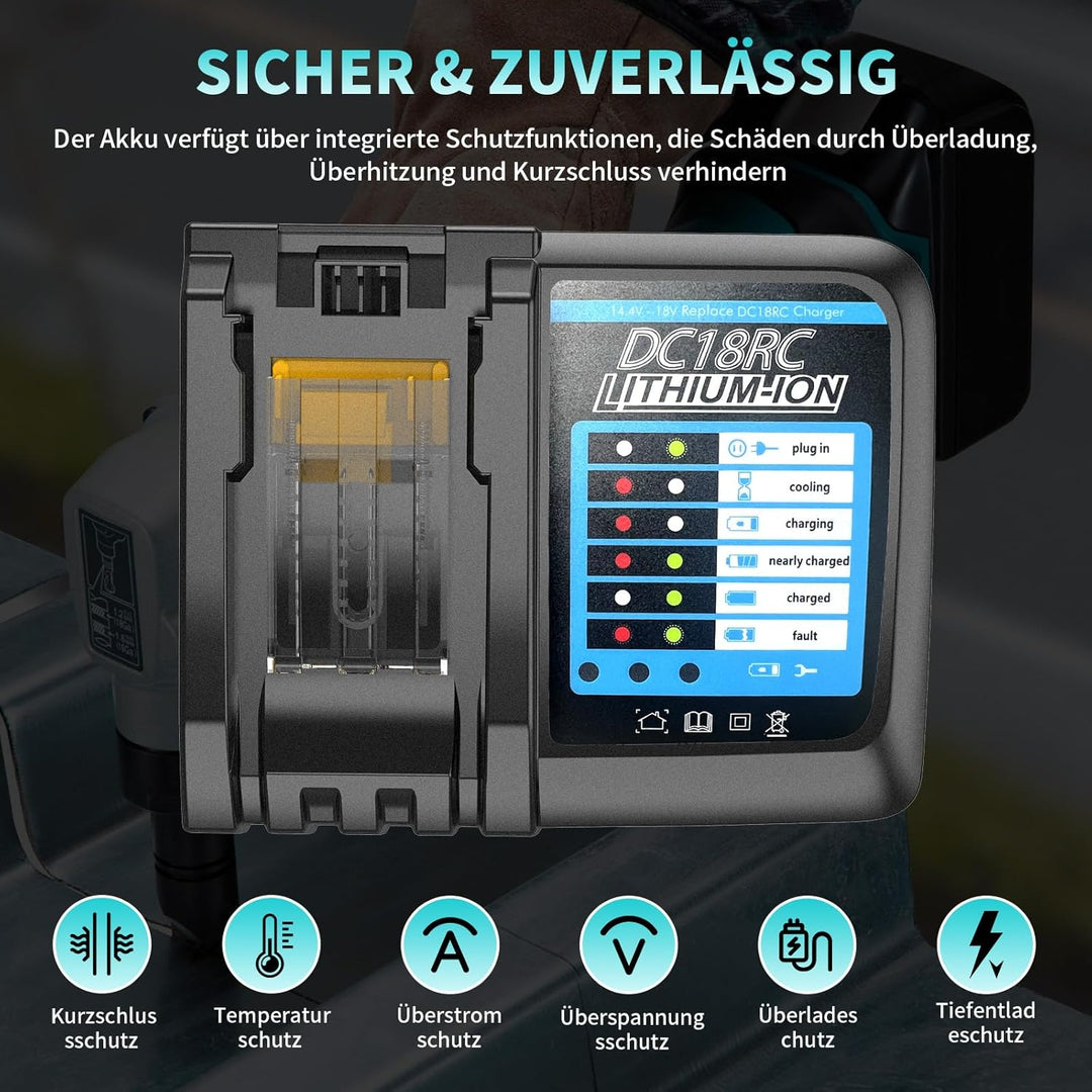 DC18RC Schnellladegerät, kompatibel mit Makita 14,4 V–18 V Akkus, geeignet für Modelle wie BL1815N,