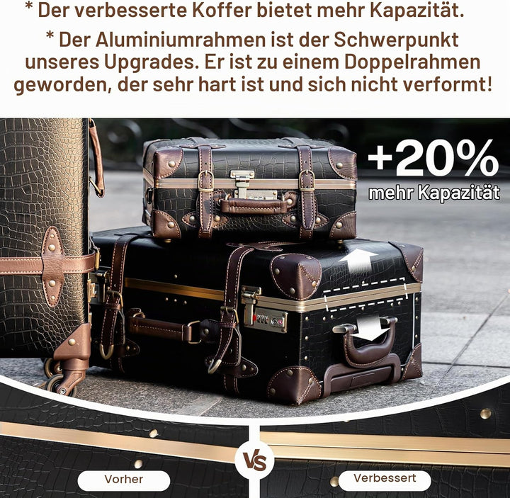 Urecity Koffer Vintage mit 4 Rollen Trolley Koffer Reisekoffer Leicht Retro Hartschalen Koffer 2-Tei