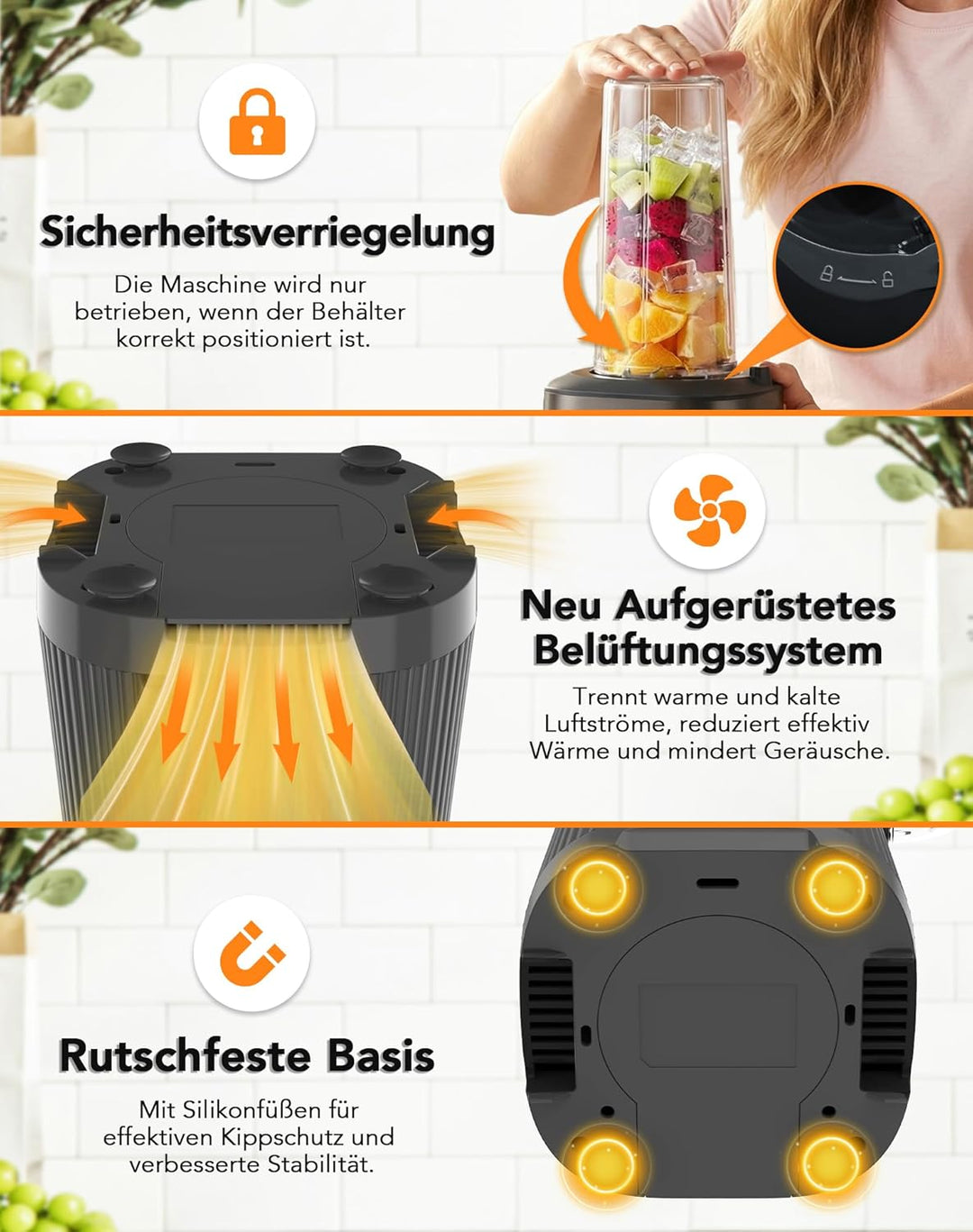 1000W Standmixer, Mixer, Glas 2-1 Mixer Smoothie Maker mit 1,5L Glaskrug und 600ml Reisebecher, Stuf