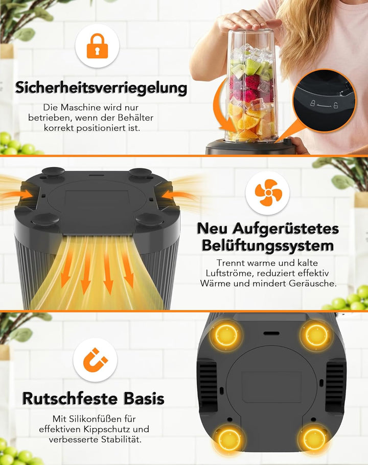 1000W Standmixer, Mixer, Glas 2-1 Mixer Smoothie Maker mit 1,5L Glaskrug und 600ml Reisebecher, Stuf