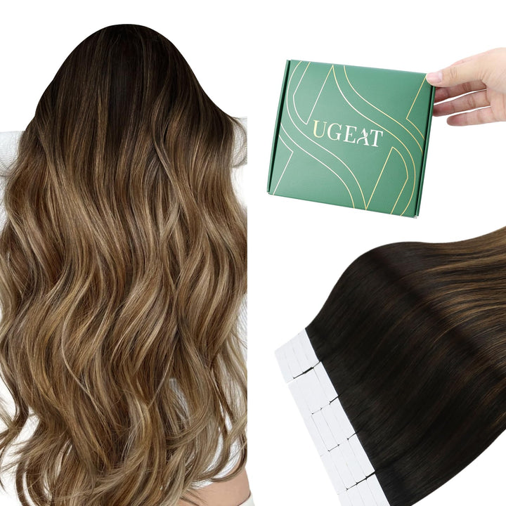 Ugeat Tape Extensions Echthaar Braun Balayage Kurz 30 cm Remy Echthaar Tape Extensions Mittelbraun O