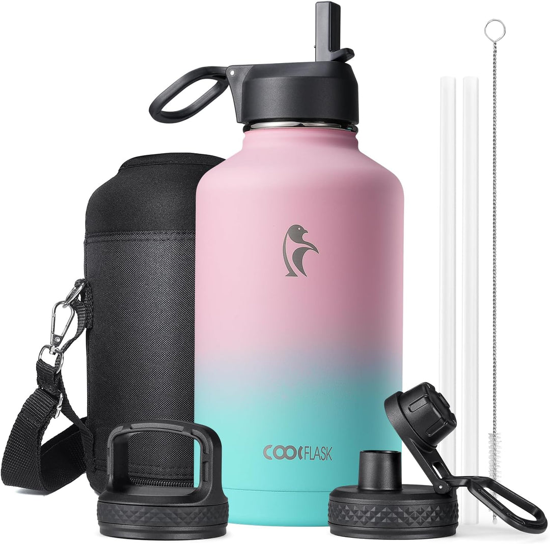 Coolflask Isolierte Wasserflasche 2L mit Strohhalm &amp; 3 Deckeln, Edelstahl Isolierte Wasserflasche fü