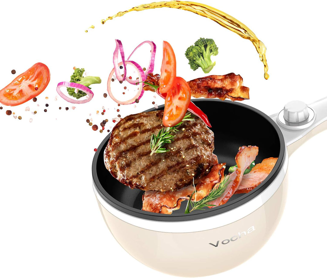 Vocha Elektrische Pfannen, Hot Pot, Antihaft-Bratpfanne Elektropfanne mit Glasdeckel, 1,5 l Mini-tra