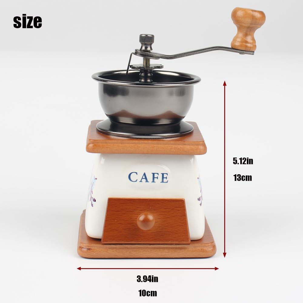 YUEHUA Manuelle Kaffeemühle justierbar - Keramik-Kegelmahlwerk, Gusseisen-Retro-Design mit Buchenhol
