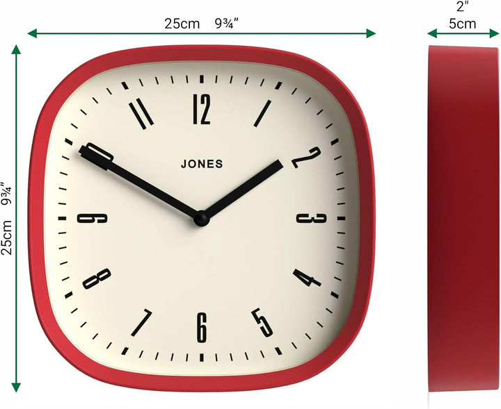 JONES CLOCKS Quadratische Retro-Wanduhr aus hochwertigem Acryl, The 'Marvel' in Rot, 25 x 25 x 5 cm
