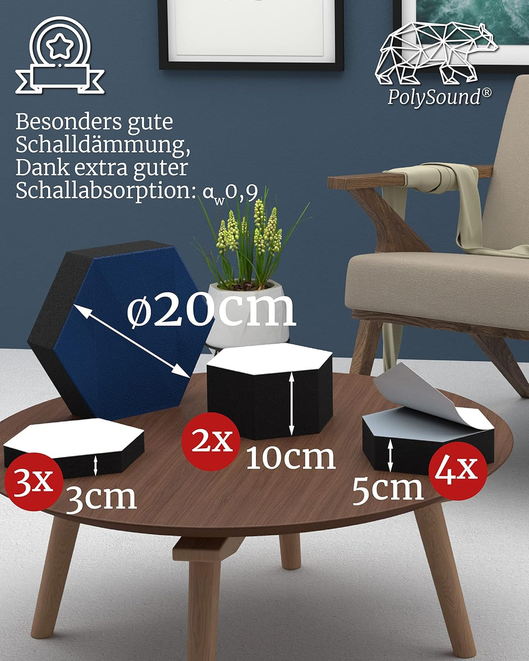 PolySound ECO Akustikpaneele - selbstklebendes 3D-Hexagon-Design - Schallschutz für Büro, Gaming & W