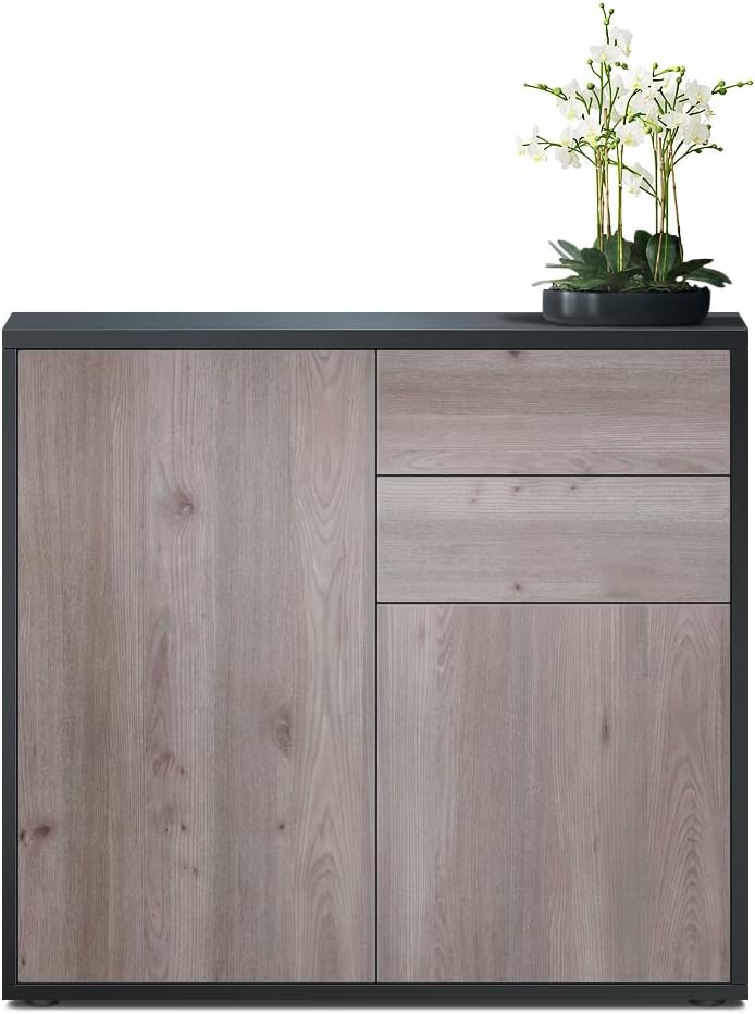 Vladon Sideboard Ben, Kommode mit 2 Türen und 2 Schubladen, Schwarz matt/Eiche Nordic (79 x 74 x 36