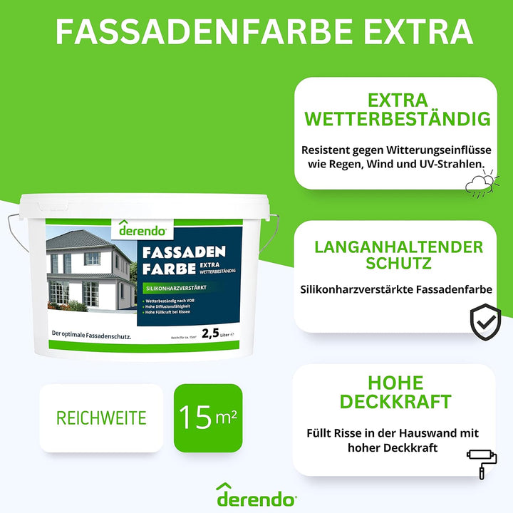 derendo Fassadenfarbe grün 2,5l mit EXTRA hohem Wetterschutz, matte silikonharzverstärkte Fassaden F