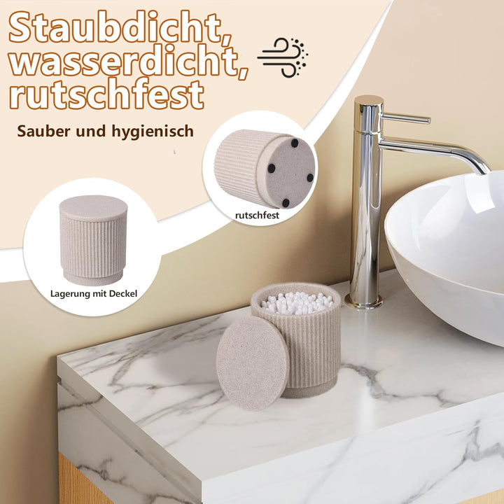 Badezimmer Set 6-teilig – Seifenspender + Zahnputzbecher mit Tablett & Wattestäbchenbox – Streifen-D