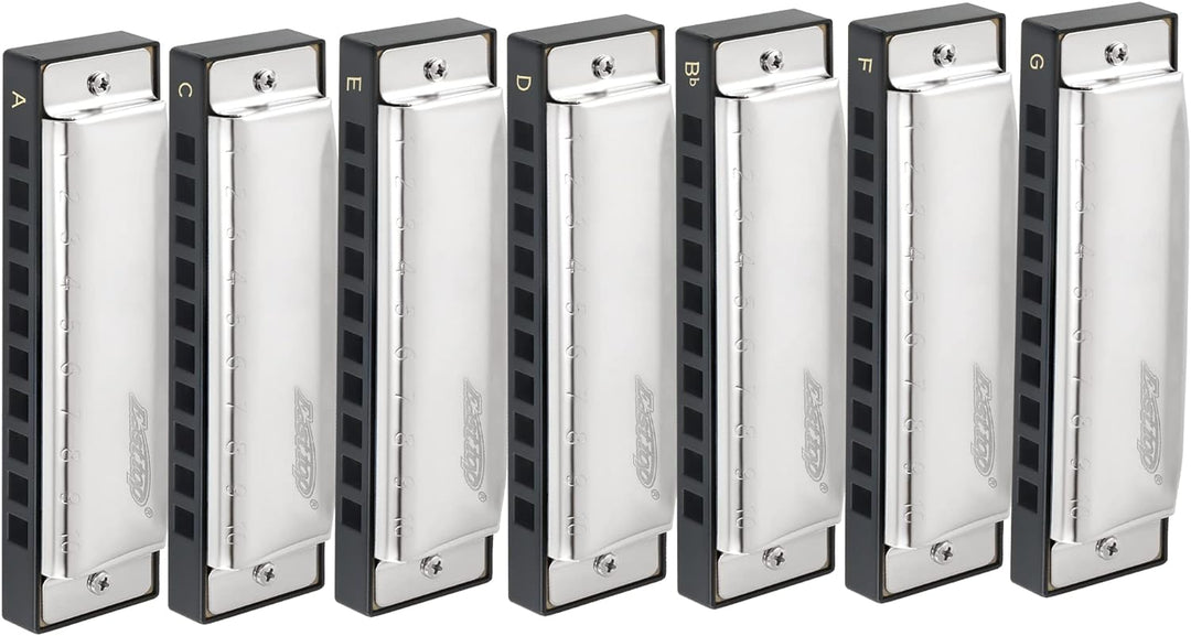East Top 7 Tasten Mundharmonikaset verpackt, 7-Pack 10 Löcher 20 Töne Blues Diatonic Harmonica Für E