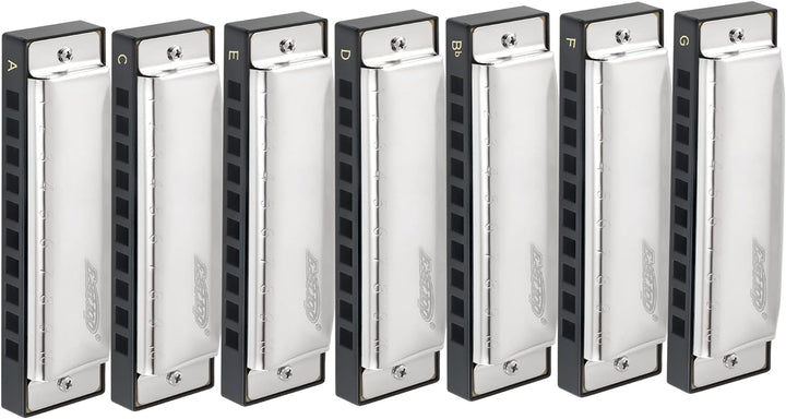 East Top 7 Tasten Mundharmonikaset verpackt, 7-Pack 10 Löcher 20 Töne Blues Diatonic Harmonica Für E