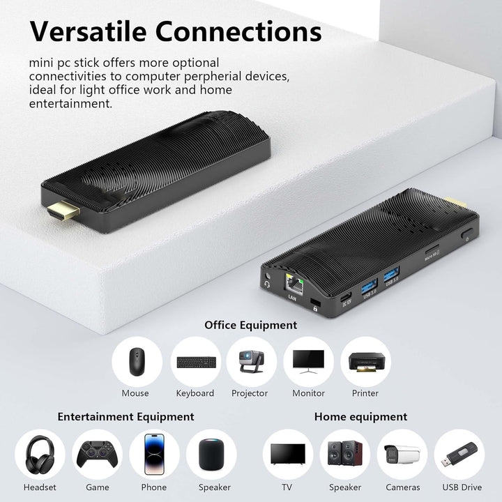 Fanless Mini PC Stick, Intel Celeron J3455 Quad-Core 1.5-2.3GHz, 4GB RAM 64GB eMMC, Dual Gigabit Eth