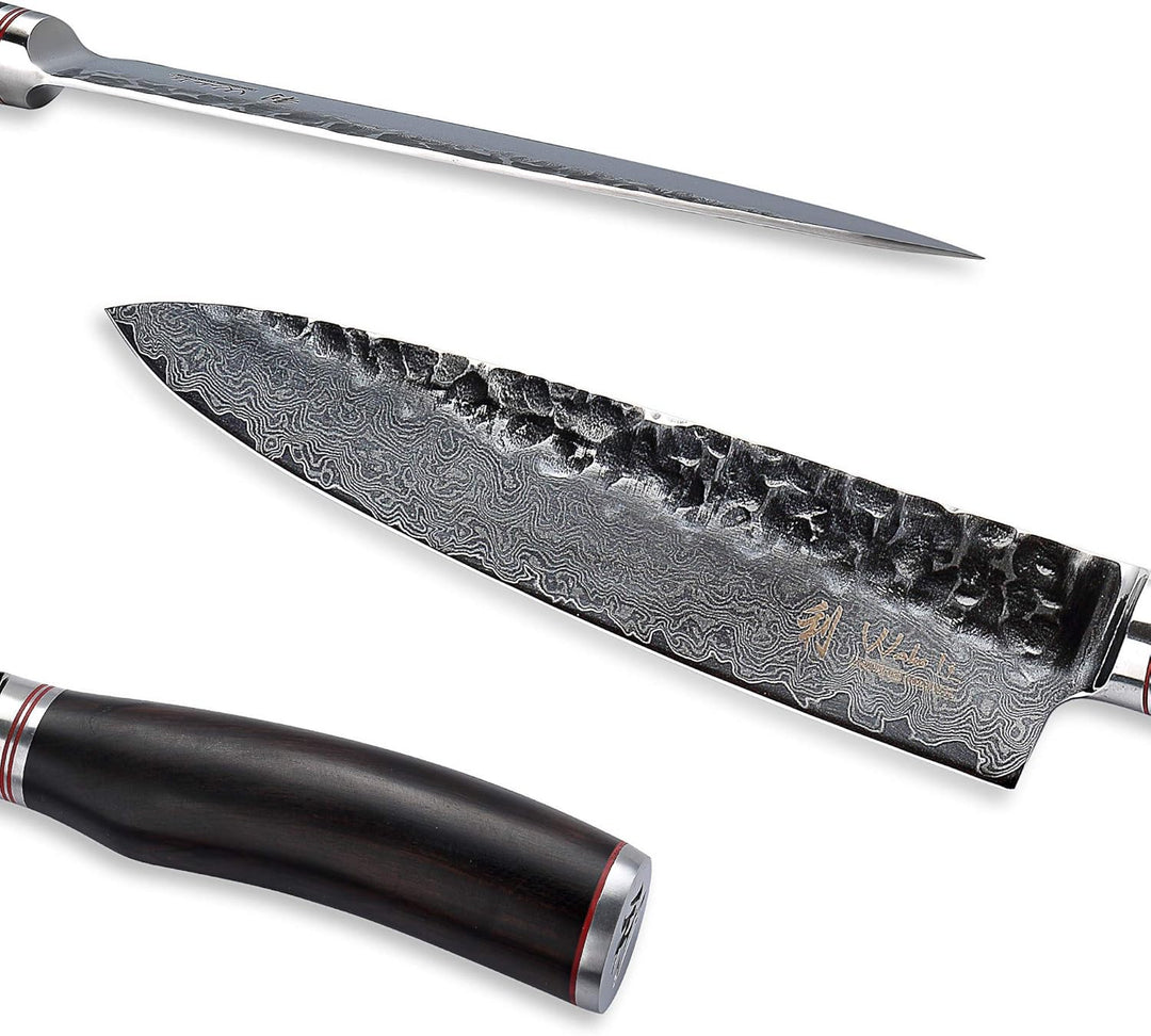 Wakoli EBO Kochmesser mit 20 cm Klinge aus 67 Lagen Damaststahl mit VG10 Kern, Hammerschlag, Eichenh