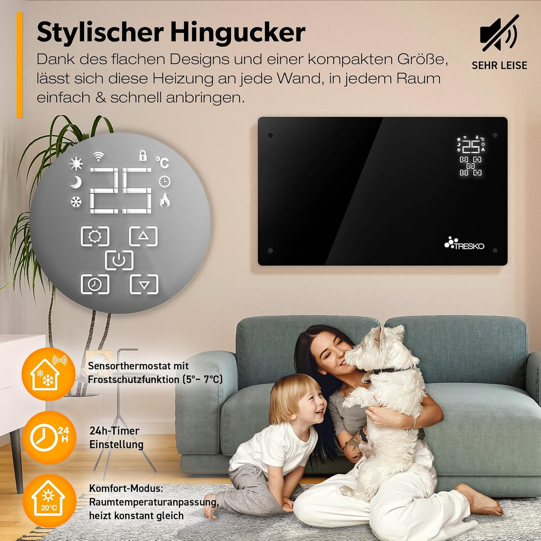 TRESKO® Glaskonvektor 2000W APP WiFi Funktion | Elektroheizung Glasheizung elektrisch | Konvektor He