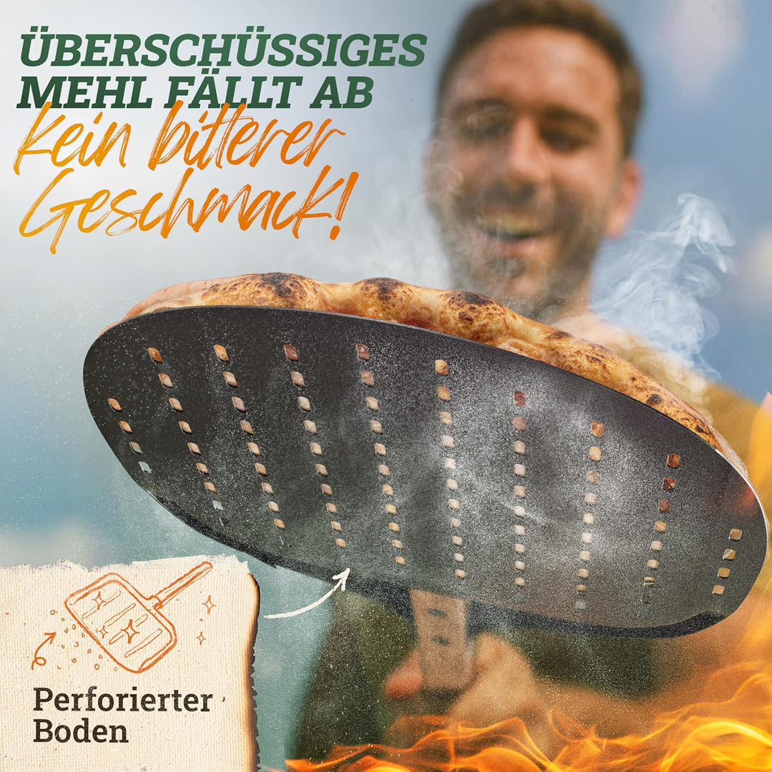 Pizzaschieber [32 x 32 x 62cm] Pizzaschaufel aus schwarzem Aluminium & Griff aus FSC-Akazienholz – K