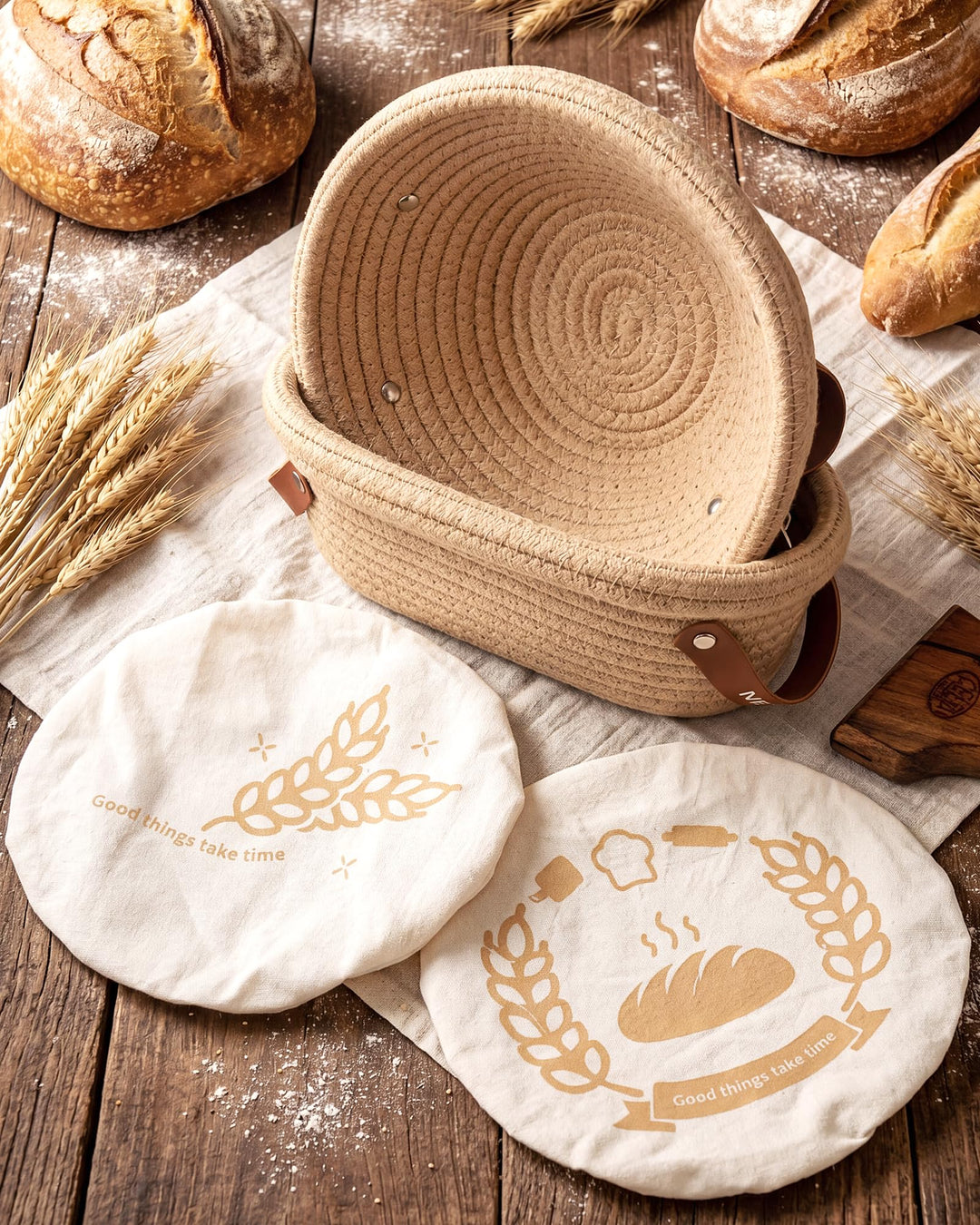 Banneton Gärkörbchen Set Sauerteig, Brot Gärkorb Set aus Baumwollseil mit 23 cm rundem Gärkörbchen u