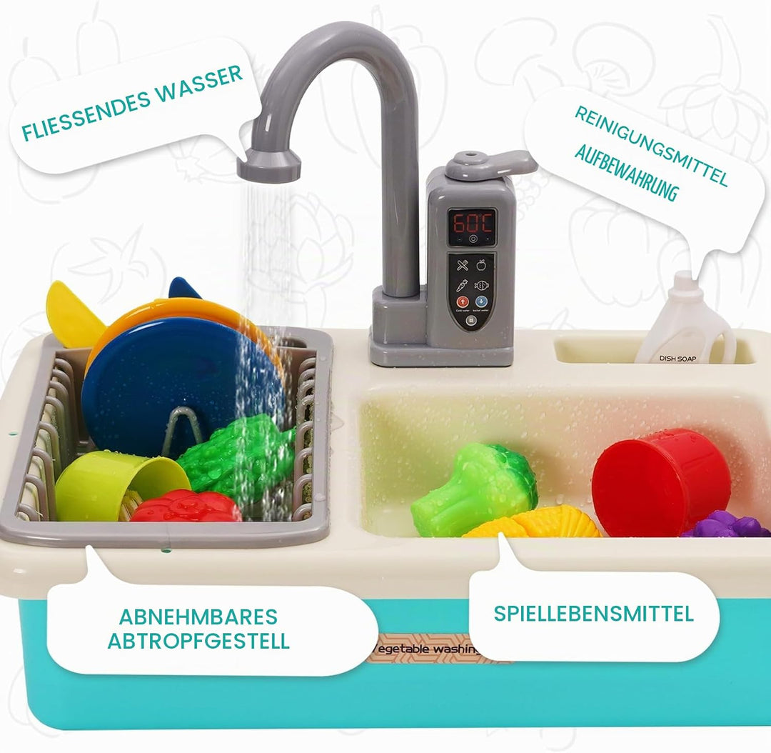 Spielspüle Kinder,Küchenspüle Spielzeug Set mit Wasserkreislauf,Elektrischem Wasserhahn,Rollenspiel-