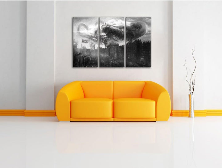 Pixxprint Drache über der Festung als Leinwandbild/Grösse: 3 Teilig (120x80 cm) cm/Wandbild/Kunstdru