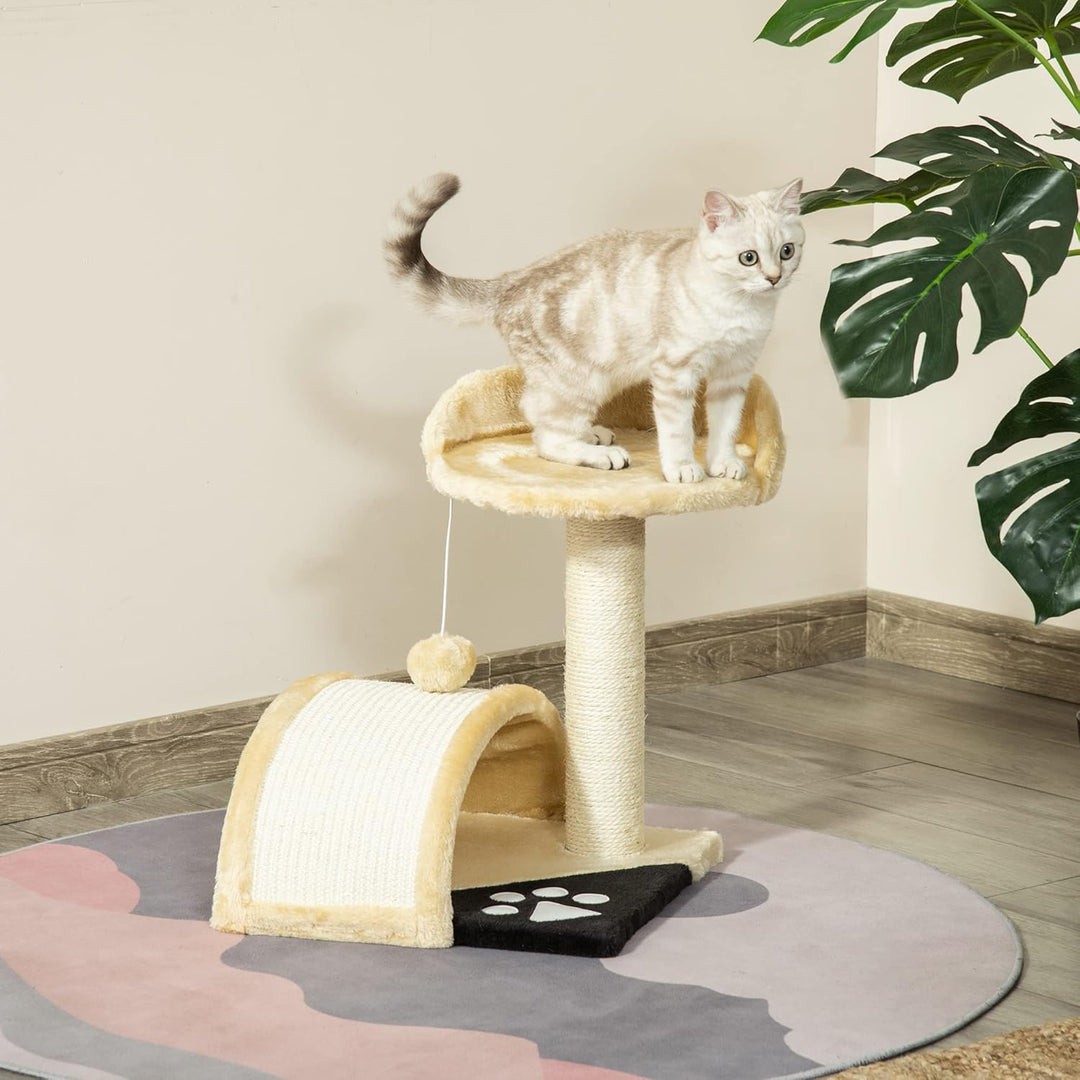 PawHut Kratzbaum mit Spielbällen, Katzenkratzbaum, Sisalseil-Kratzstangen, Beige, 36 x 36 x 44 cm Be