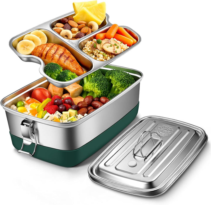 Premium Edelstahl Brotdose, Lunchbox Auslaufsicher 2000ml, Brotzeitdose mit 3 Fächern, Brotdosen Met