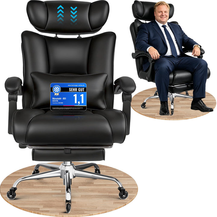 BASETBL Bürostuhl 200kg, Chefsessel mit 4-stufiger Gasdruckfeder, 3D Armlehnen, Verstellbarer Lenden