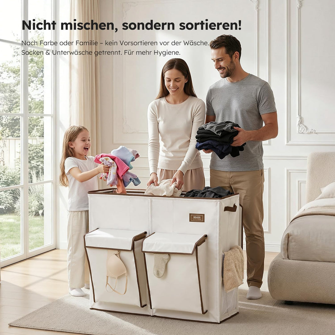 SOLEDI 220L Wäschekorb mit Deckel, Wäschesammler 3 Fächer mit 2 Seitentaschen, Laundr Baskets mit 3